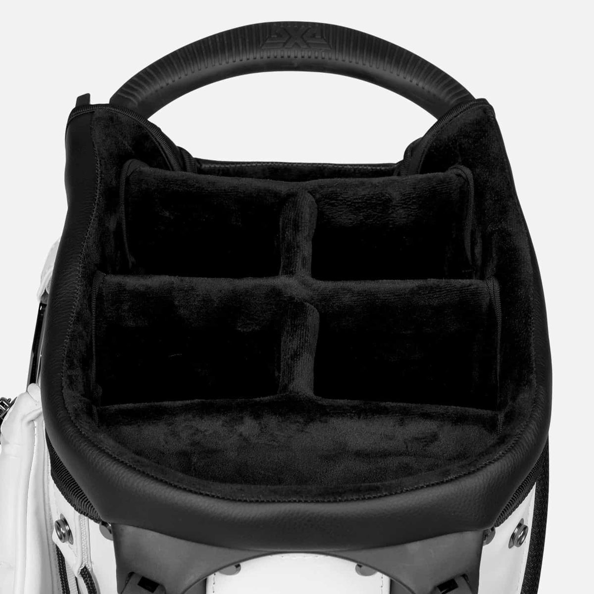 PXG white deluxe hybrid stand golf bag on a white background