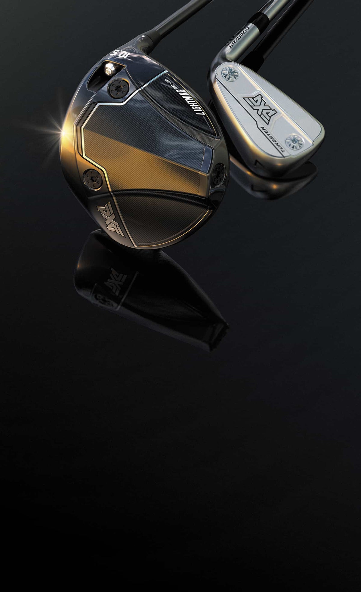 A PXG driver and iron on the black background
