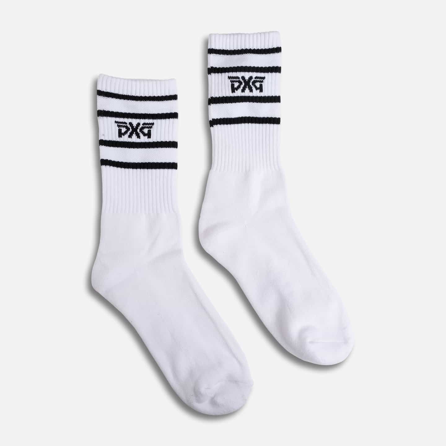 PXG women's white stripe crew socks with black stripes and a black PXG logo on a white background