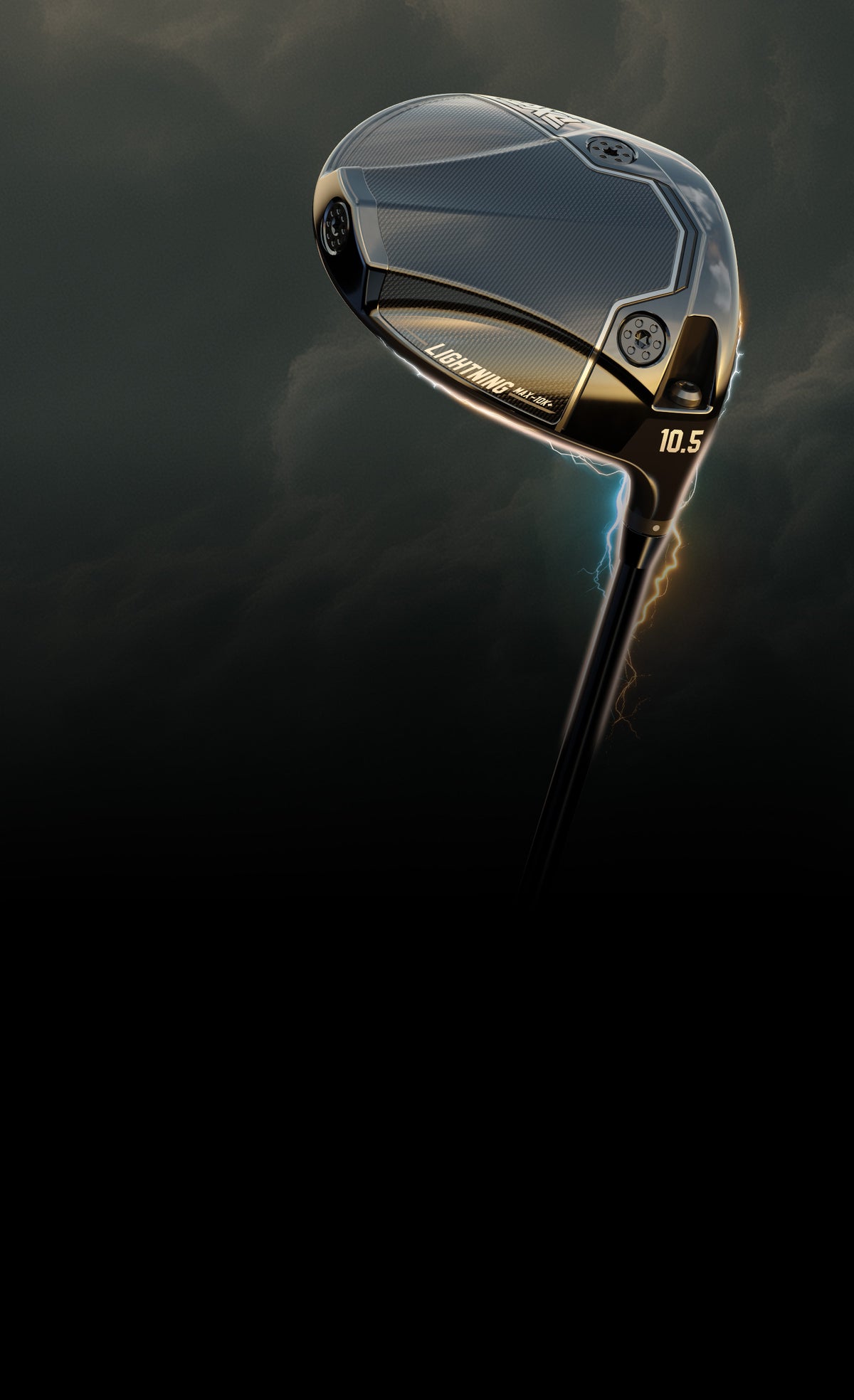Golf club head with brand logo on a dark background