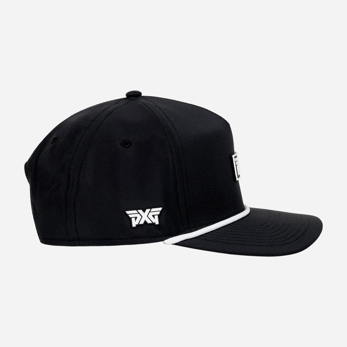 Black cap with white logo on a white background