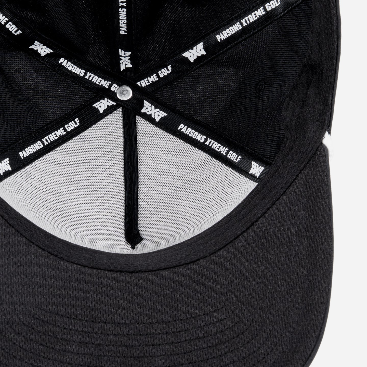 Black cap with white logo on a white background