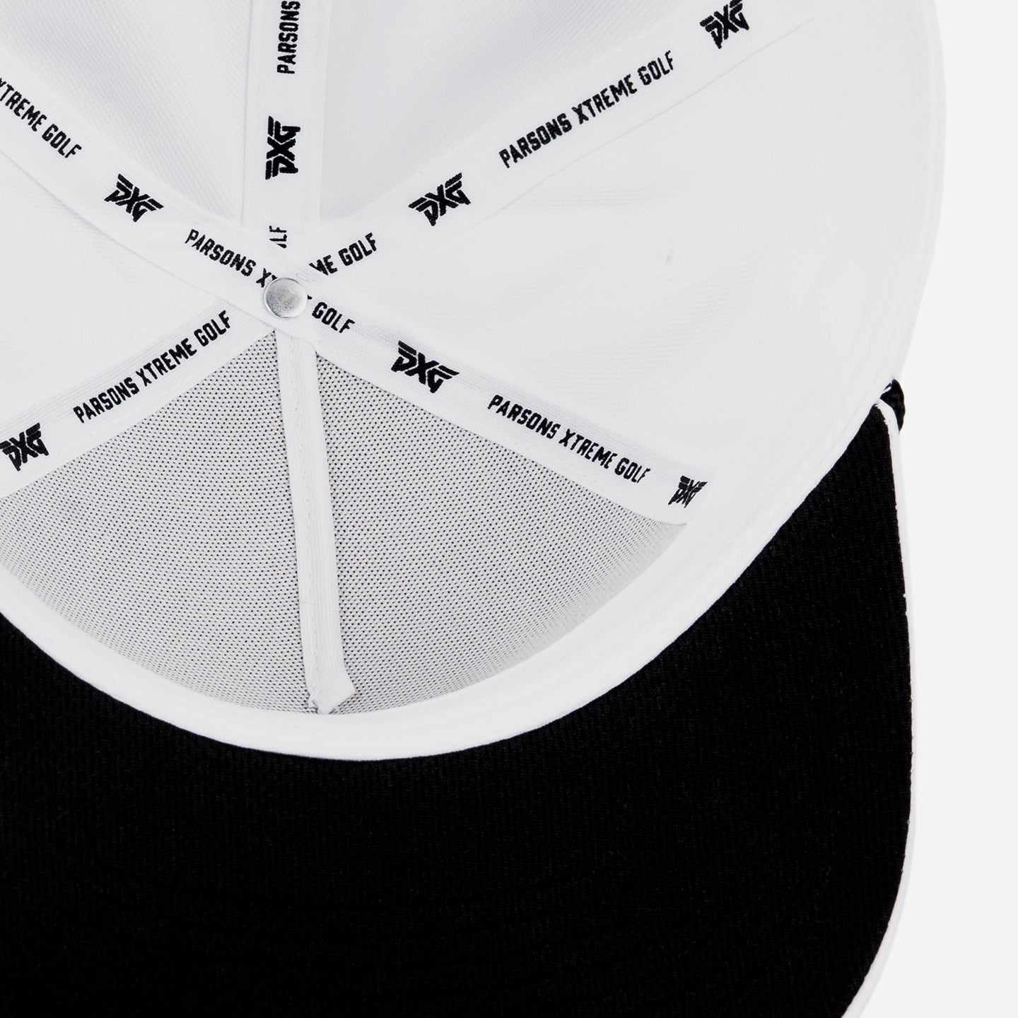 White cap with a black logo on a white background