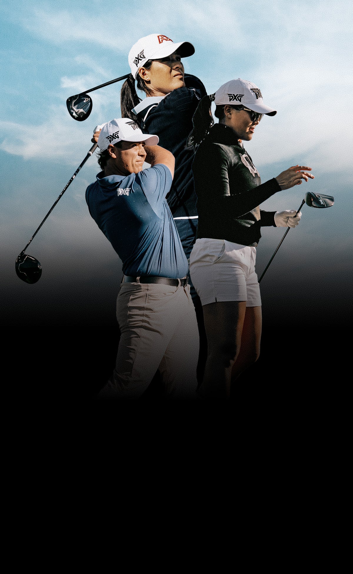 Three golfers in athletic wear and white caps posed against a dramatic sky background, with one golfer mid-swing and two standing beside her.