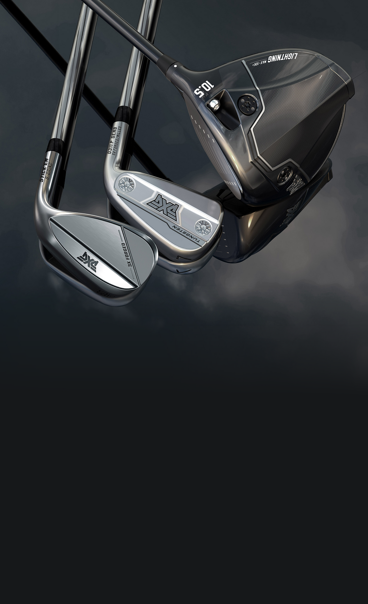 Three golf clubs on a reflective black surface with a dark background
