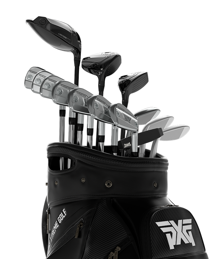 A black golf bag filled with a full set of golf clubs, photographed on a clean white background. The bag features a white PXG logo on the front pocket, and the clubs show PXG branding on their heads and grips.