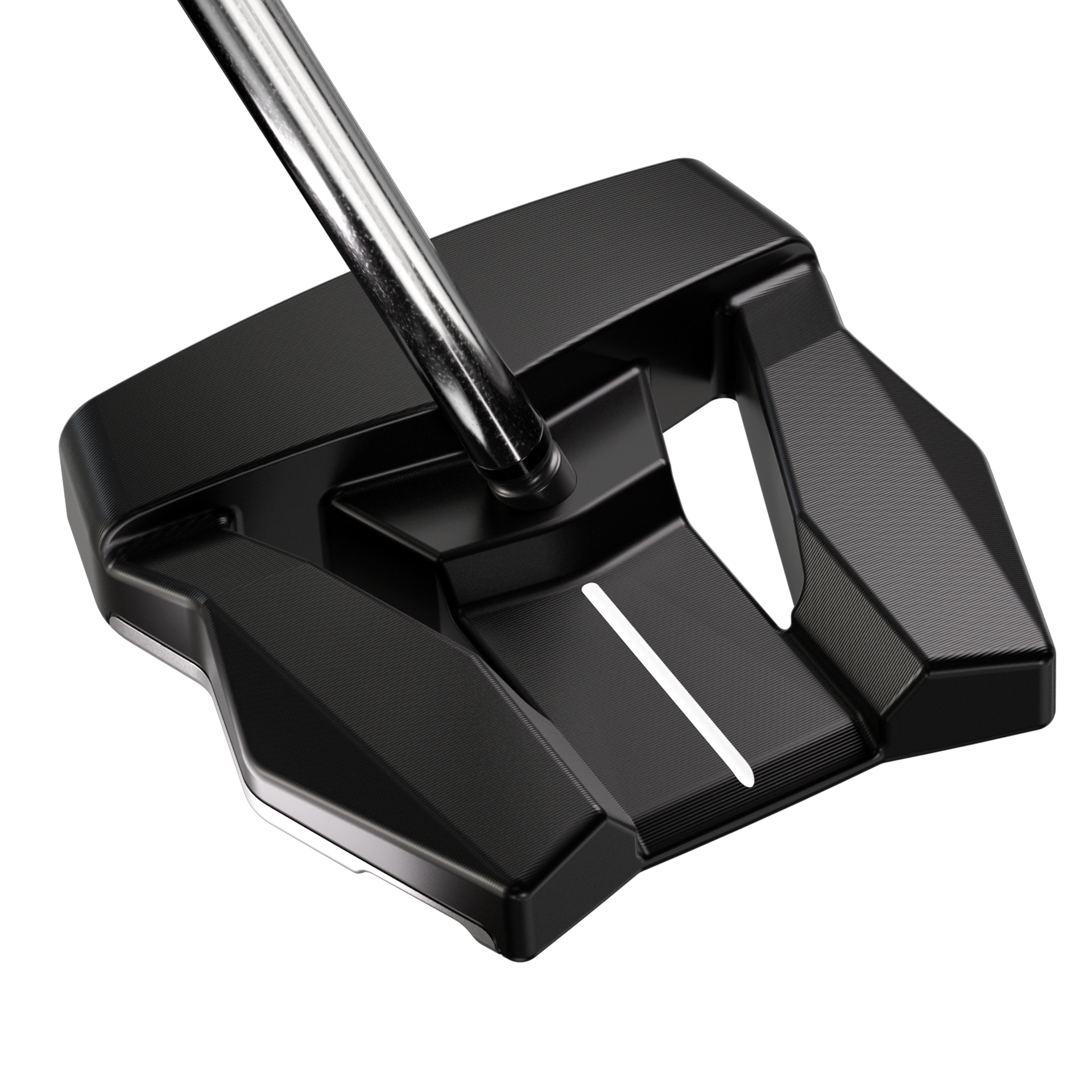 Close-up of a black golf putter on a white background