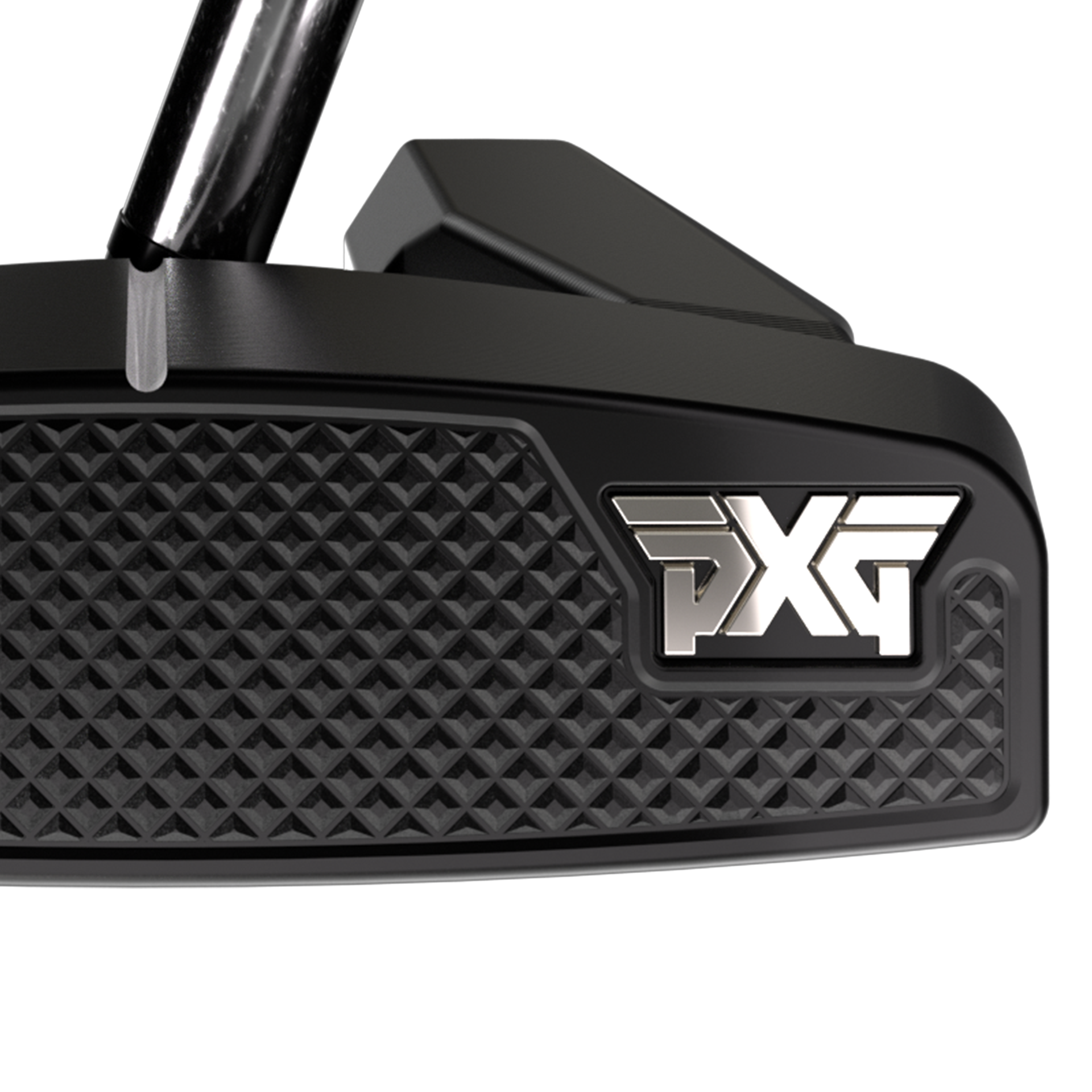 Close-up of a PXG golf putter head with textured surface and brand logo.