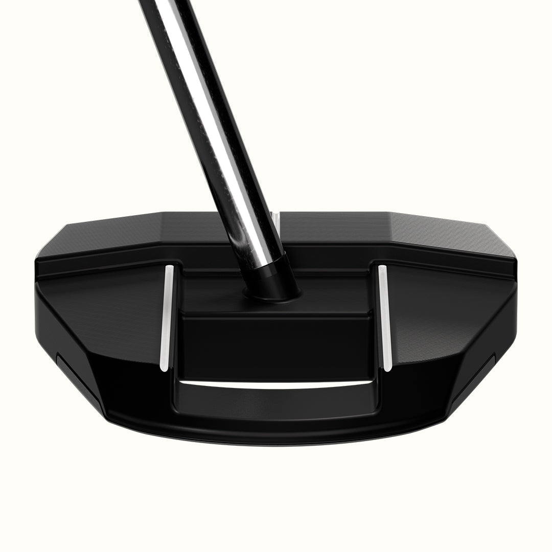 Black golf putter with a silver shaft on a white background