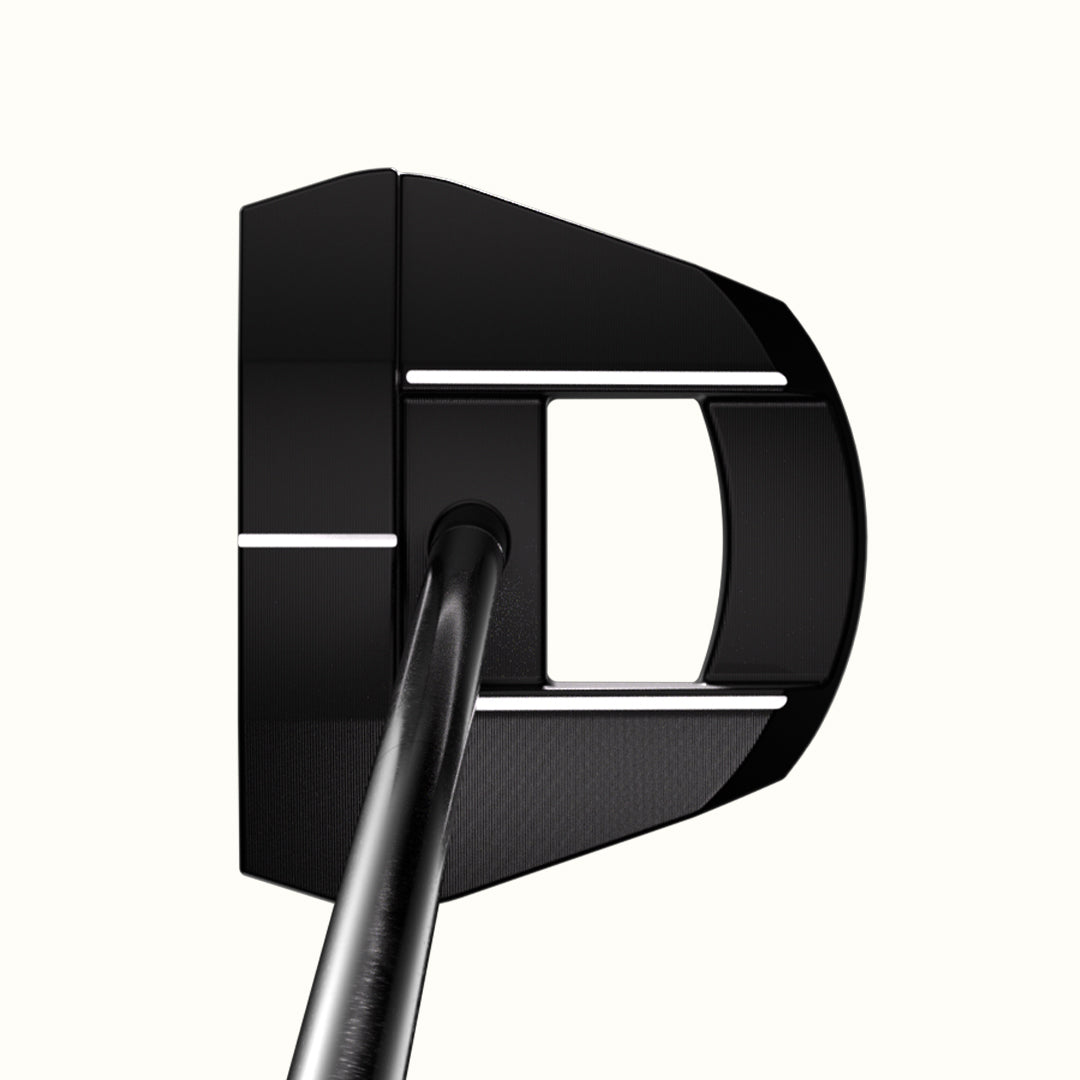 Close-up of a black golf putter head on a white background