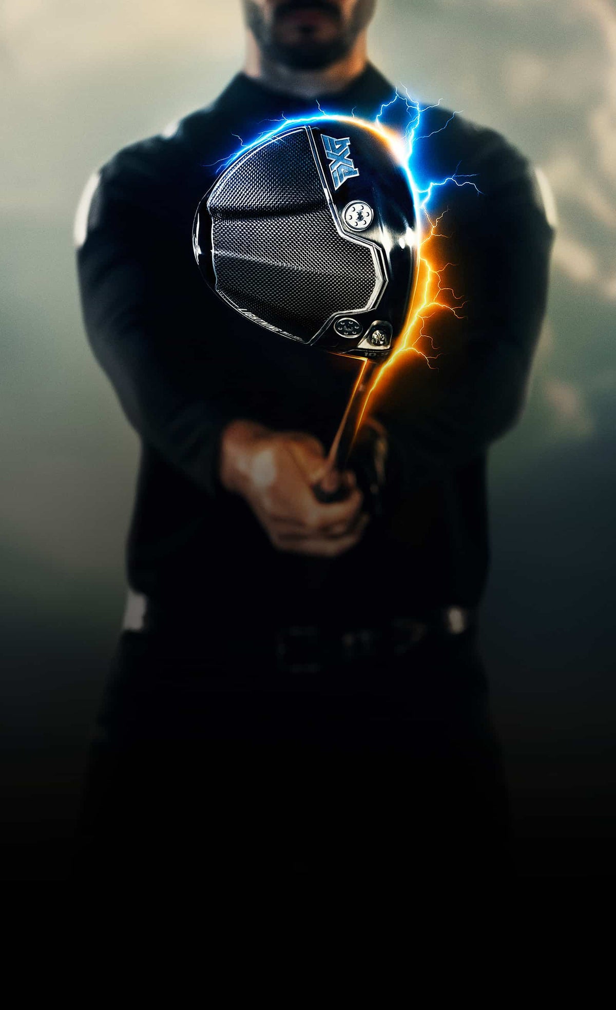 A person in a black outfit holds a golf putter head that appears digitally composited in front of their face, with dramatic blue lightning and orange flame effects around the club head against a dark smoky background.