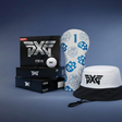 PXG golf accessories including hat, ball, and packaging on a blue background