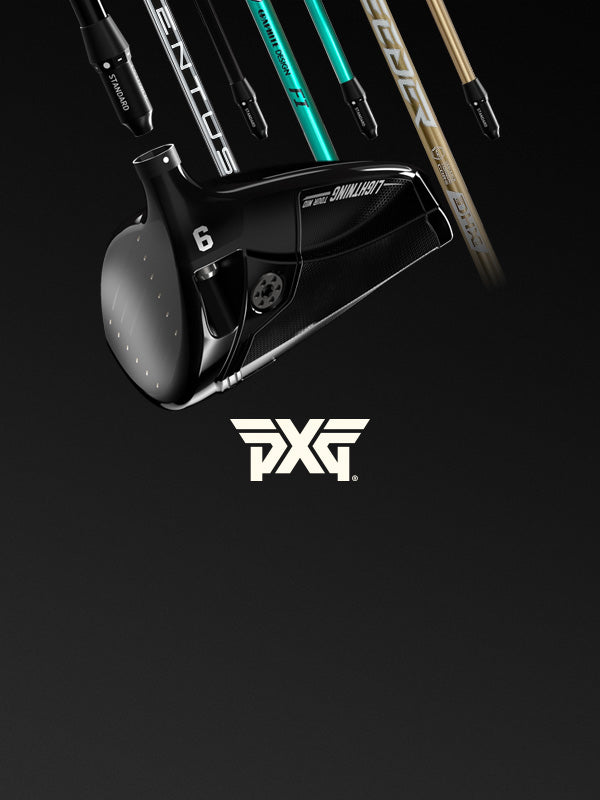 A black PXG golf club head with the number 6, shown with several other PXG golf clubs floating diagonally above it on a dark gradient background, with the PXG logo centered below.